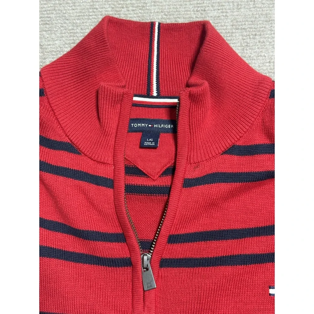 Tommy‎ Hilfiger Sweater Mens Large Red Navy Striped Half Zip Pullover Cotton